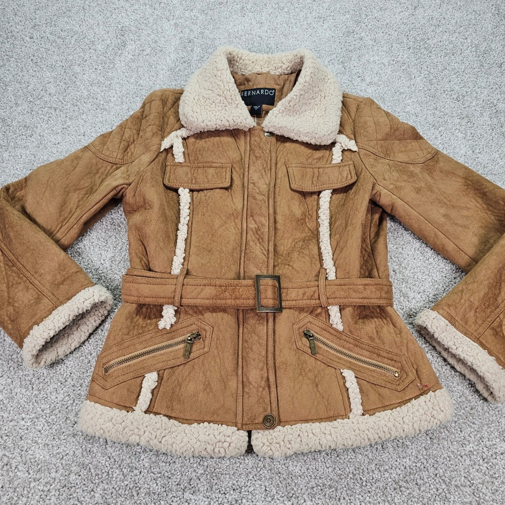 Bernardo Tan Suede Like Sherpa Lined Belted Moto Jacket Women Size M